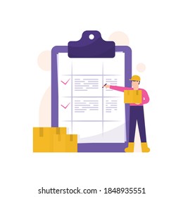 The Concept Of Stock Take Staff, Warehouse Admin, Goods Supervisor. Illustration Of An Employee Or Male Worker Recording And Writing The Amount Of Inventory In Storage. Flat Style. Design Elements
