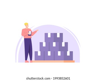 concept of stock take staff, warehouse admin, goods supervisor. illustration of an employee or male worker counting and reading an inventory report. see the amount of inventory. flat cartoon style