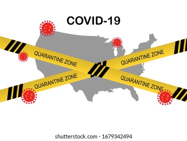 Concept of stop Covid-19 virus pandemic outbreak. Quarantine zone and design of USA map. Vector illustration.