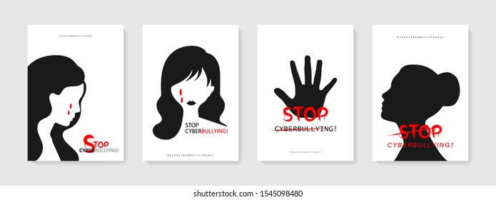 Concept stop cyberbullying on social media decorated with woman head silhouette and hand. Creative design to stop hurting the mind of others through social media. Vector illustration.