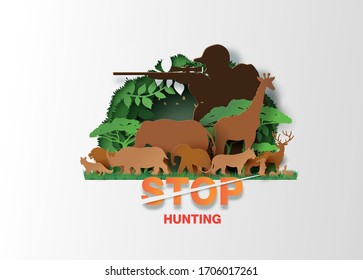 Concept Of Stop Hunting Animal With Shooter And Animals
, Paper Art And Digital  Style.