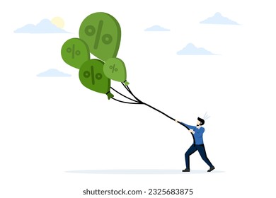 concept Stop inflation, inflation bubble. Reserves try to tame falling inflation by raising interest rates. A businessman trying to attract a lot of inflation balloons. flat vector illustration.