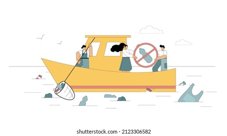 The concept of stop ocean plastic pollution. People on the ship with a stop trash sign. Garbage and non-degradable waste in the water. Environmental protection. Vector flat illustration