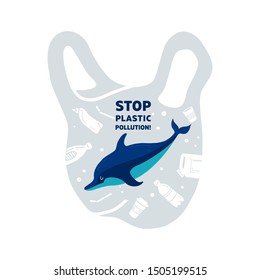 Concept Stop plastic pollution! Vector flat illustration for World Environment Day. A Dolphin swims in in a plastic bag with garbage - plastic, glass, straw, bottle, canister. Harm to nature. 