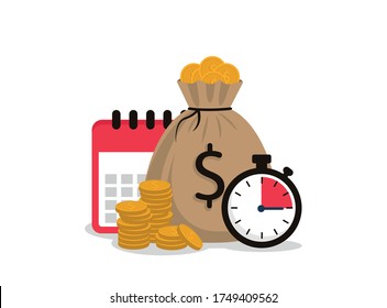 Concept Of Stopwatch, Money Bag, Coins And Calendar. Time Is Money