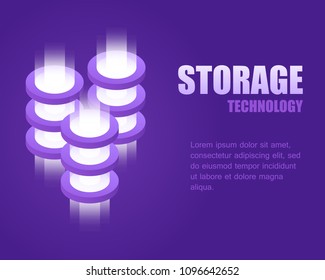 Concept storage technology. Vector illustration isometric bright digital data. Landing page network online storage