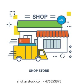 Concept of store and delivery. Color Line icons. Flat Vector illustration