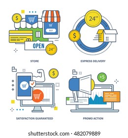 Concept of store, express delivery, satisfaction guaranteed, promo action. Color Line icons collection.