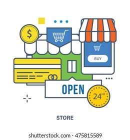 Concept of store and payment methods - the mobile phone application store building in the background. Color Line icons. Flat Vector illustration