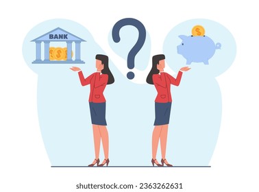 Concept of storing personal finances, woman chooses between bank and piggy bank. Budget planning. Money savings investment and funding. Loan and economy choice. Vector cartoon flat illustration