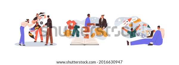Concept of storytelling in business and\
marketing. Entrepreneurs telling and presenting stories of success.\
Creating successful startup projects. Flat vector illustration\
isolated on white\
background