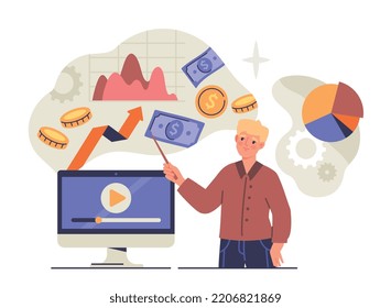Concept of storytelling. Man shows statistics and explains how to increase income. Successful entrepreneur or investor. Public speaking, speaker and analyst. Cartoon flat vector illustration