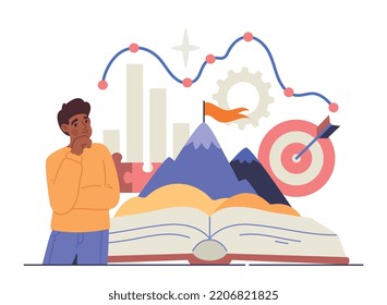 Concept of storytelling. Young guy shares his goals, talks about setting goals and achieving them. Poster or banner for website. Creative personality and entrepreneur. Cartoon flat vector illustration