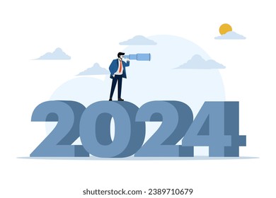 Concepto de planificación de acciones estratégicas en el nuevo año 2024, fijando objetivos empresariales para alcanzar la cima, visión para el desarrollo empresarial o la carrera futura, hombre de pie en 2024 y mirando a través de binoculares.