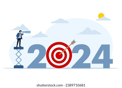Concept of strategic action planning in new year 2024, setting business goals to reach the top, vision for business development or future career, man standing in 2024 and looking through binoculars.