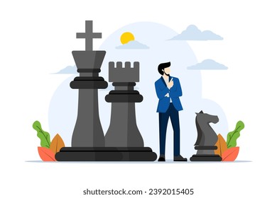 Concept of strategic thinking to win business competition, marketing strategy or planning to make decisions, challenge or problem solving, businessman thinking contemplation with chess pieces.