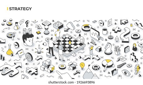 The concept of strategy and decision-making. The team develops the company's strategy by standing around the chessboard. Building strategies and strategic thinking. Abstract isometric illustration