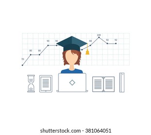 Concept for strategy planning, market data analytics, strategic management, project management. Online training courses. E-learning. Online education.