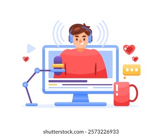 concept of streamer and podcaster. a person who broadcasts live digital content via social media or streaming platforms. illustration of a man live streaming. streaming device or equipment. flat style