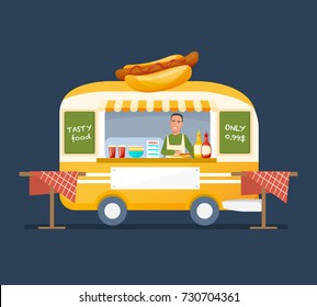 Concept of street trading. Man cartoon character, seller of various delicious food from fast food, in branded clothes, sells fresh food at counter of kiosk. Street food market. Vector illustration.