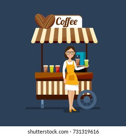 Concept of street trading. Young girl, cartoon character, seller of various types of coffee in branded clothes, sells fresh hot coffee at the counter of the kiosk. Vector illustration isolated.