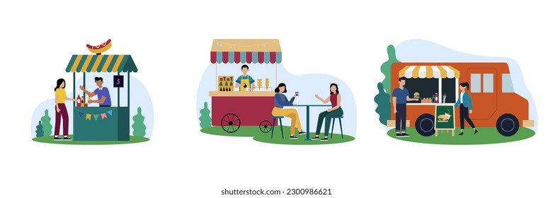 Concepto de venta ambulante. Vender comida al aire libre. Cafés con comida rápida y café, tiendas de campaña de verano con vendedores y clientes. Conjunto de ilustraciones planas de dibujos animados