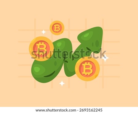 The concept of strengthening the value of Bitcoin. The price of Bitcoin continues to rise and rise. Cryptocurrency, business, finance, and economics. Illustration of a Bitcoin coin and an upward arrow