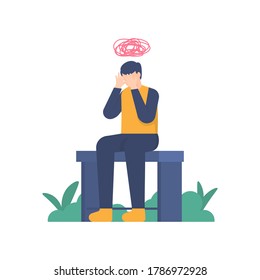 the concept of stress, clogged thoughts, frustration. illustration of a man sitting and experiencing dizziness and confusion. flat design. can be used for elements, landing pages, UI, websites.