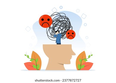 concept of stress load due to overwork. mental problems, anxiety. anxiety or negative thinking. anger or emotional causes problems, mental health. Businessman has messy lines in his brain.