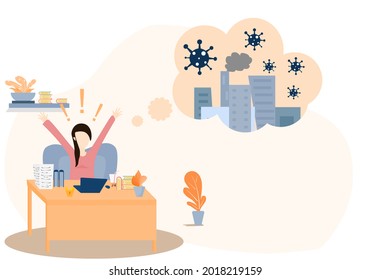 Concepto estrés, relajación, trabajo desde casa, cuarentena. Niña sentada en casa trabajando mientras piensa en la situación La propagación del COVID-19 en la ciudad. Vector de estilo plano. Ilustración para epidemias, salud