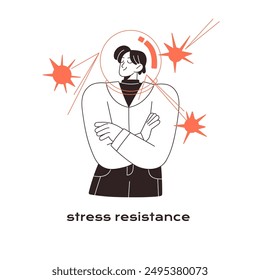 Concept of stress resistance. Soft skill, ability of calmness during troubles, problems. Employee, office worker with mental protection. Flat isolated outline vector illustration on white background