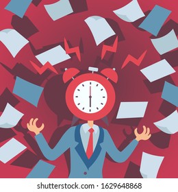 Concept of stress at work, man with alarm clock instead of head, vector illustration. Deadline at office stressful job, manager loses his temper, nervous breakdown at work. Stressed man throwing paper
