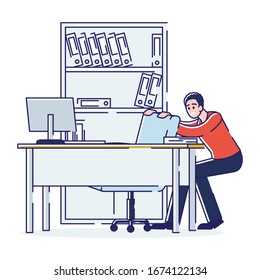 Concept Of Stressed Office Situations, Work And Staff. Young Employee Is Hiding Behind The Armchair In The Office. Employee Scared Of His Boss. Cartoon Linear Outline Flat Style. Vector Illustration