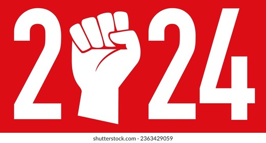 Concept of the strike and demonstrations for the year 2024, with the fist raised on a red background to symbolize the spirit of revolt.