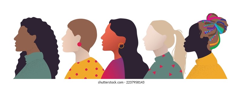 concepto de poder fuerte de la mujer, diversidad, igualdad, empoderamiento. ilustración de la silueta hembra del perfil de la cabeza abstracta. colorido fondo para el día internacional de la mujer.