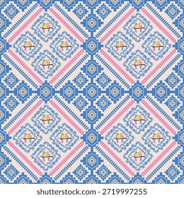 Concepto: Amor estructurado y serenidad El concepto de este diseño Explore la unión del simbolismo romántico y la precisión arquitectónica. Presenta un motivo central de tortolitos posados en una rama, encerrado dentro de una delicada corona floral azul. Esta pieza central orgánica está anclada por una cuadrícula rígida y simétrica de diamantes geométricos azules y blancos y patrones de baldosas escalonadas. La repetición crea una armonía visual rítmica, simbolizando un amor que está floreciendo y basado en la estabilidad.
Tema: Arte Folk moderno y romance náutico El tema es Modern Folk Chic, que combina la estética tradicional inspirada en el bordado con una paleta de colores fresca y contemporánea. Con tonos azules, crema y toques de rosa cálido y amarillo, el diseño evoca una sensación de calma y elegancia clásica. Este patrón es muy adecuado para textiles artesanales, decoración del hogar como cerámica y Fondo de pantalla, papelería romántica y embalaje boutique de alta gama.