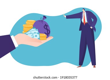 Concept struggle against corruption, illegal payment, lot cash, currency bribe in hand, design cartoon style vector illustration. large denomination banknote, man businessman says stop bribery.