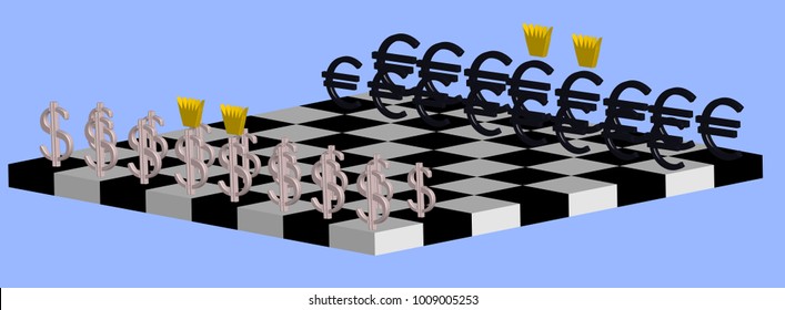 The concept of the struggle between the dollar and the euro. Chessboard with three-dimensional figures of currencies.