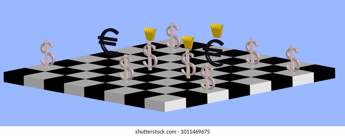 The concept of the struggle between the dollar and the euro. Chessboard with three-dimensional figures of currencies.