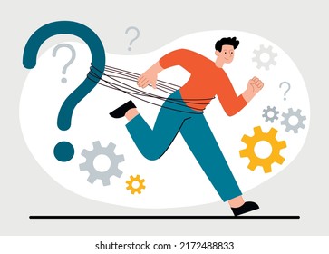 Concept of struggle with difficult life issues. Guy tied to question mark and trying to escape from it. Search for solutions to various unsolvable problems. Cartoon flat vector illustration. - Shutterstock ID 2172488833