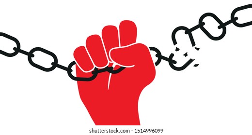 Concept of the struggle for freedom of expression with the outstretched fist of a political prisoner breaking his chain.