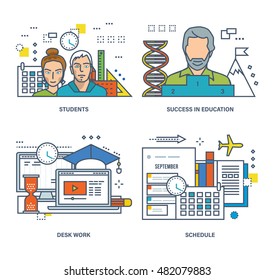 Concept of student and learning, success in education, desk work, schedule, timetable of classes. Color Line icons collection.