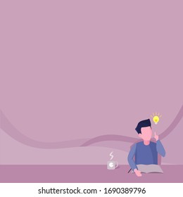The concept of student learning. Young men - students sit at the table and think of ideas with a light bulb at the top. Vector illustration