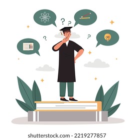 Concept of student. Man in black cloak and graduate hat stands and thinks about objects. Character with icons. Poster or banner for website. Education and training. Cartoon flat vector illustration