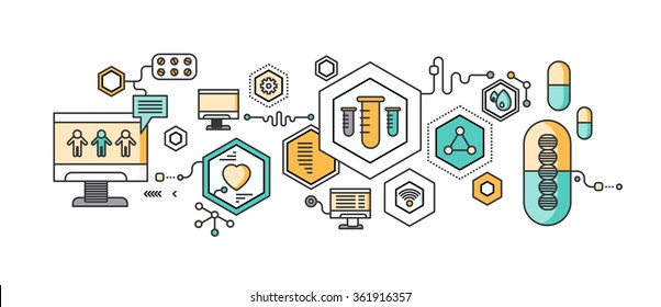 Concept study of human medicine. Medical health, science and care, pharmacy and healthcare, laboratory and pharmaceutical, therapy and dna, capsule and pharmacology, pulse. Set of thin, lines icons