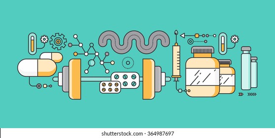 Concept study of human medicine. Medical health, science and care, pharmacy and healthcare, laboratory and pharmaceutical, therapy and dna, capsule and pharmacology, pulse. Set of thin, lines icons