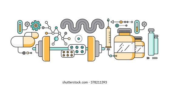 Concept study of human medicine. Medical health, science and care, pharmacy and healthcare, laboratory and pharmaceutical, therapy and dna, capsule and pharmacology, pulse. Set of thin, lines icons