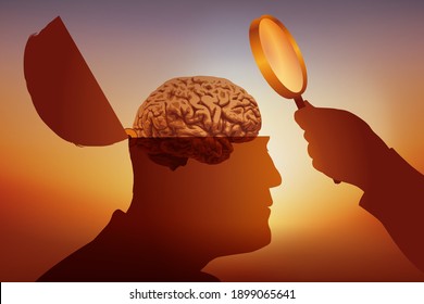 Concept of the study of mental illnesses, with a man, whose brain appears, which is symbolically examined with a magnifying glass by a scientist.