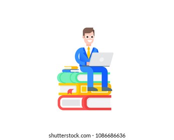 Concept of study. Student - guy learn with laptop next to the books. Vector Image