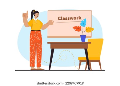 Concept Study Time mit Menschen Szene in der flachen Cartoon Design. Der Lehrer betont das Thema der Unterrichtsstunde, die auf dem Whiteboard geschrieben ist. Vektorgrafik.